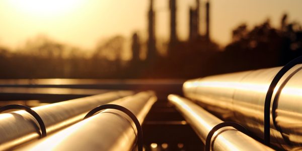 golden sunset in crude oil refinery with pipeline system